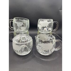 Vintage Nestle Nescafe Glass Coffee Mugs Set of 4 World Globe Creamer Sugar Lid